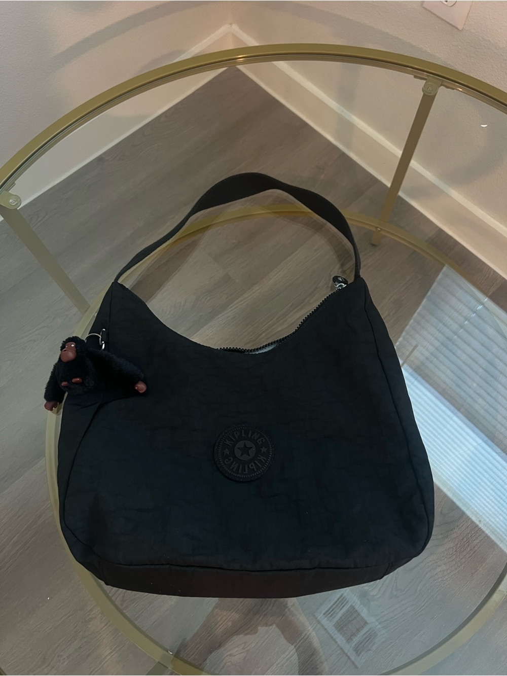 Kipling Black Nylon Shoulder Bag with Monkey Charm